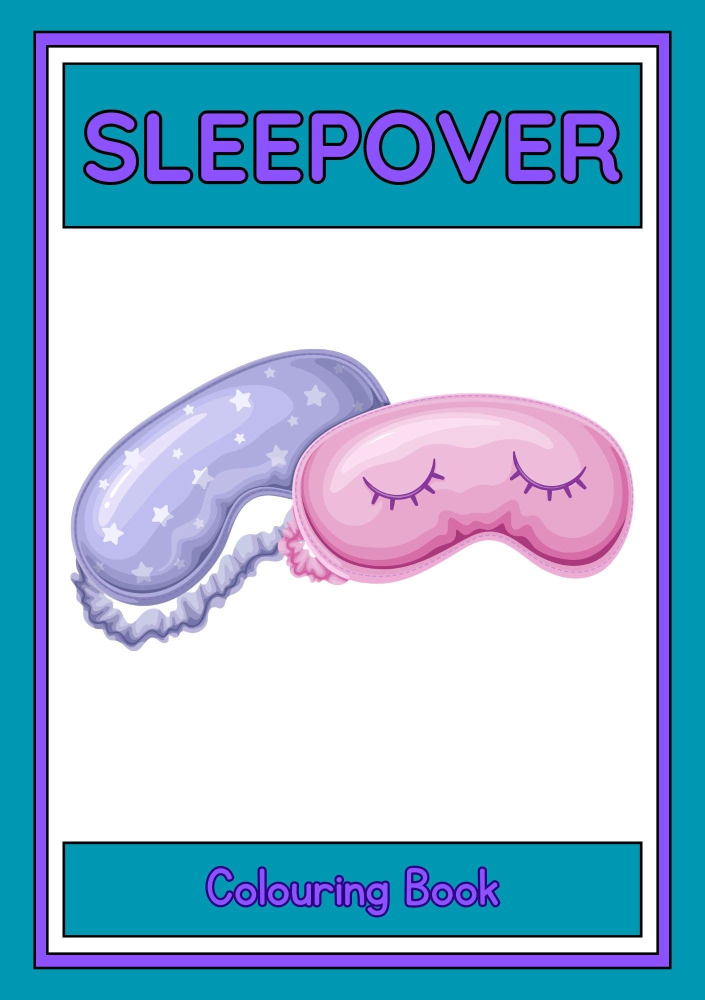 Cover of 'Sleepover - A Digital Colouring Book For Kids' featuring illustrations of two sleepover masks, one in blue and one in pink, with stars and eyes closed.