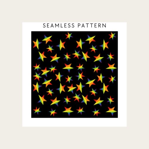 Pattern of colourful stars on a black background with 'Seamless Pattern' text.