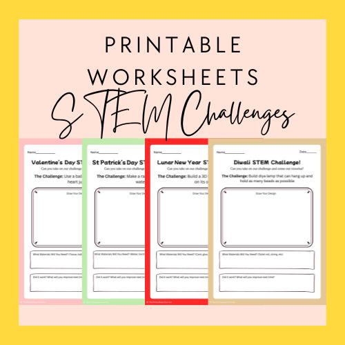 Set of printable STEM challenge worksheets on a yellow background