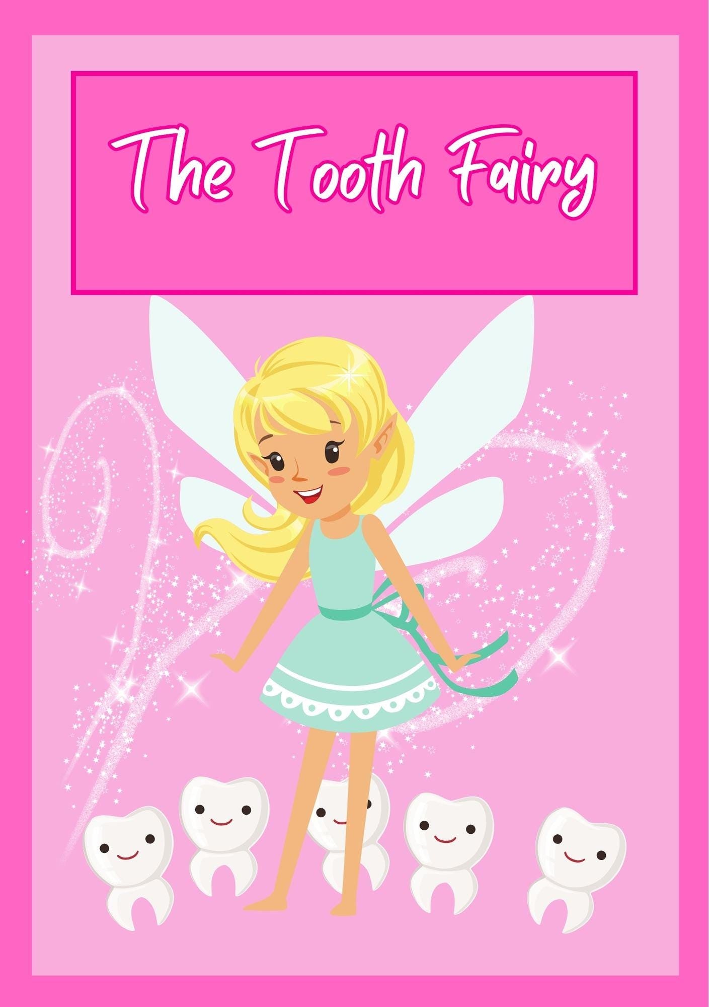 Cover of a digital coloring book for children featuring a tooth fairy character with a pink background and illustrations of teeth.