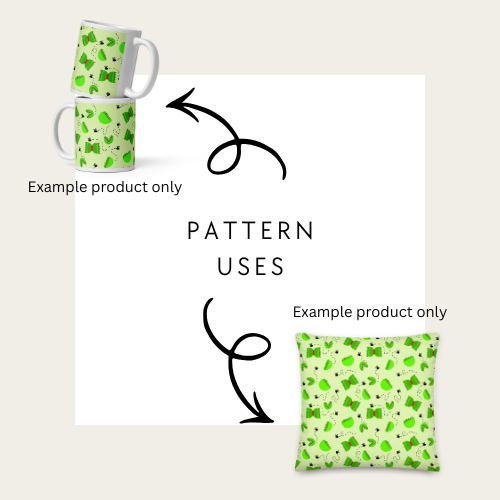 Green patterned mug and pillow on a white background with text indicating 'Pattern Uses'.