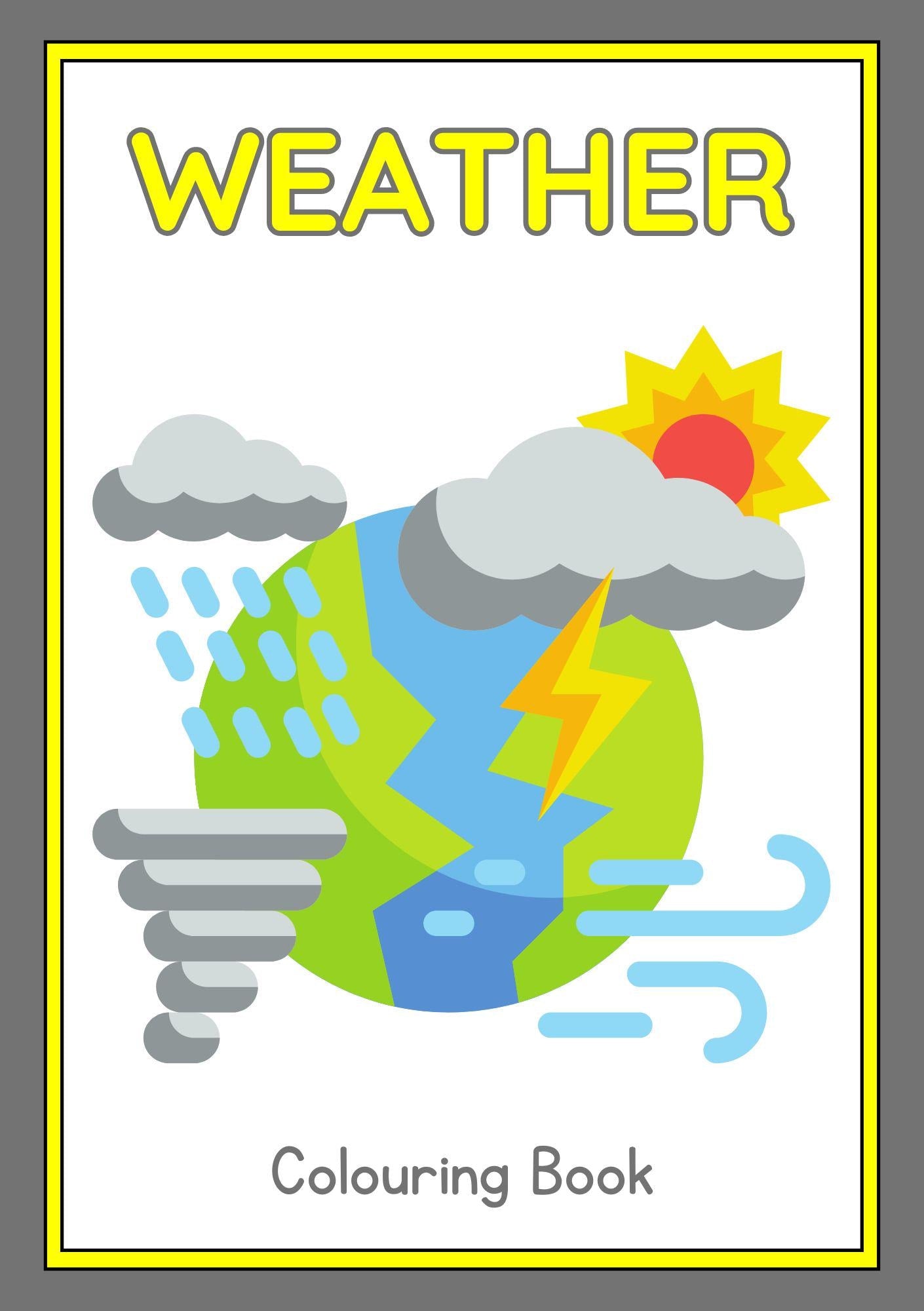 Cover page of a coloring book titled 'Weather' featuring colorful illustrations of weather elements like sun, clouds, and lightning.