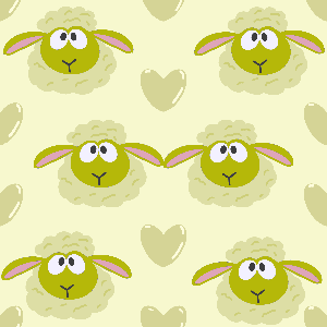Pattern of green cartoon sheep with white faces on a beige background with hearts.