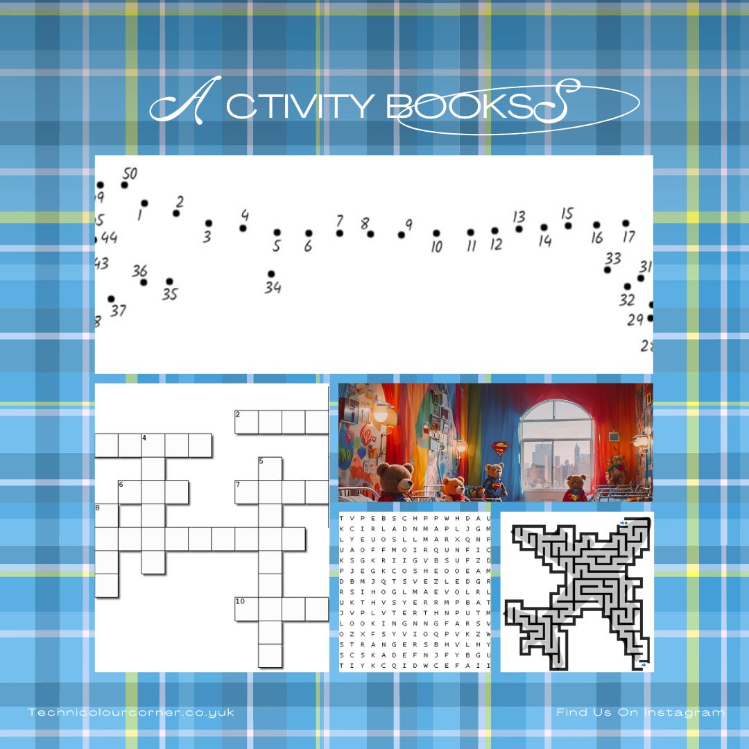 A blue and yellow tartan background showing the words Activity Books and examples of activities within these books