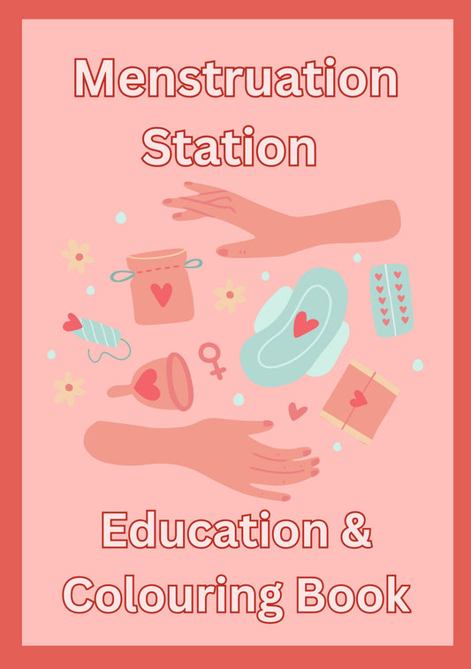 Cover of a 'Menstruation Station Education & Colouring Book' with illustrations on a pink background.