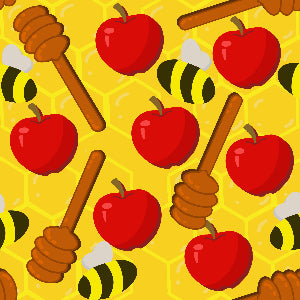Pattern of red apples, honeycombs, honey dipper sticks, and bees on a yellow background.