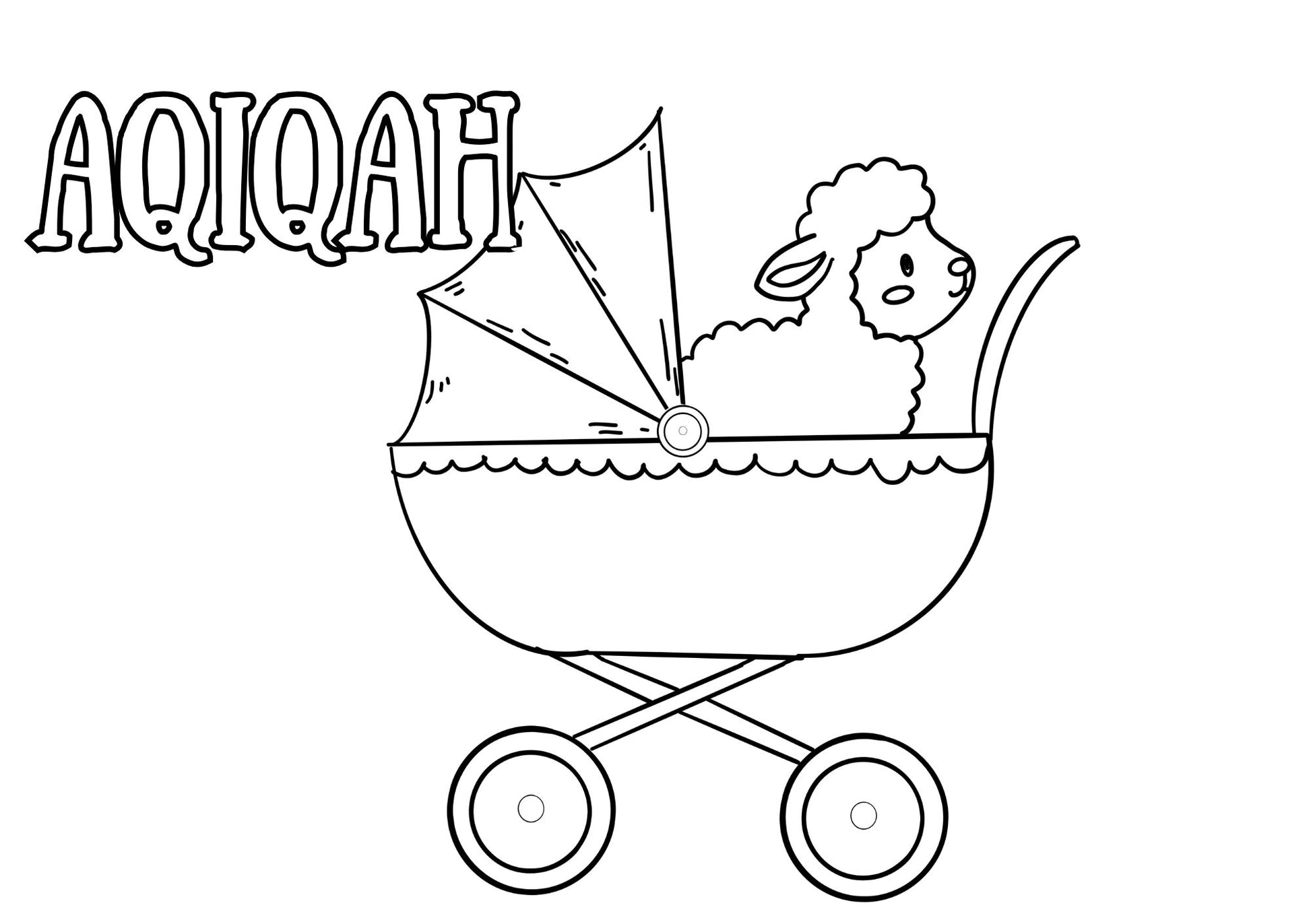 Illustration of a baby carriage with a lamb inside, labeled 'Aqiqah' on a white background.