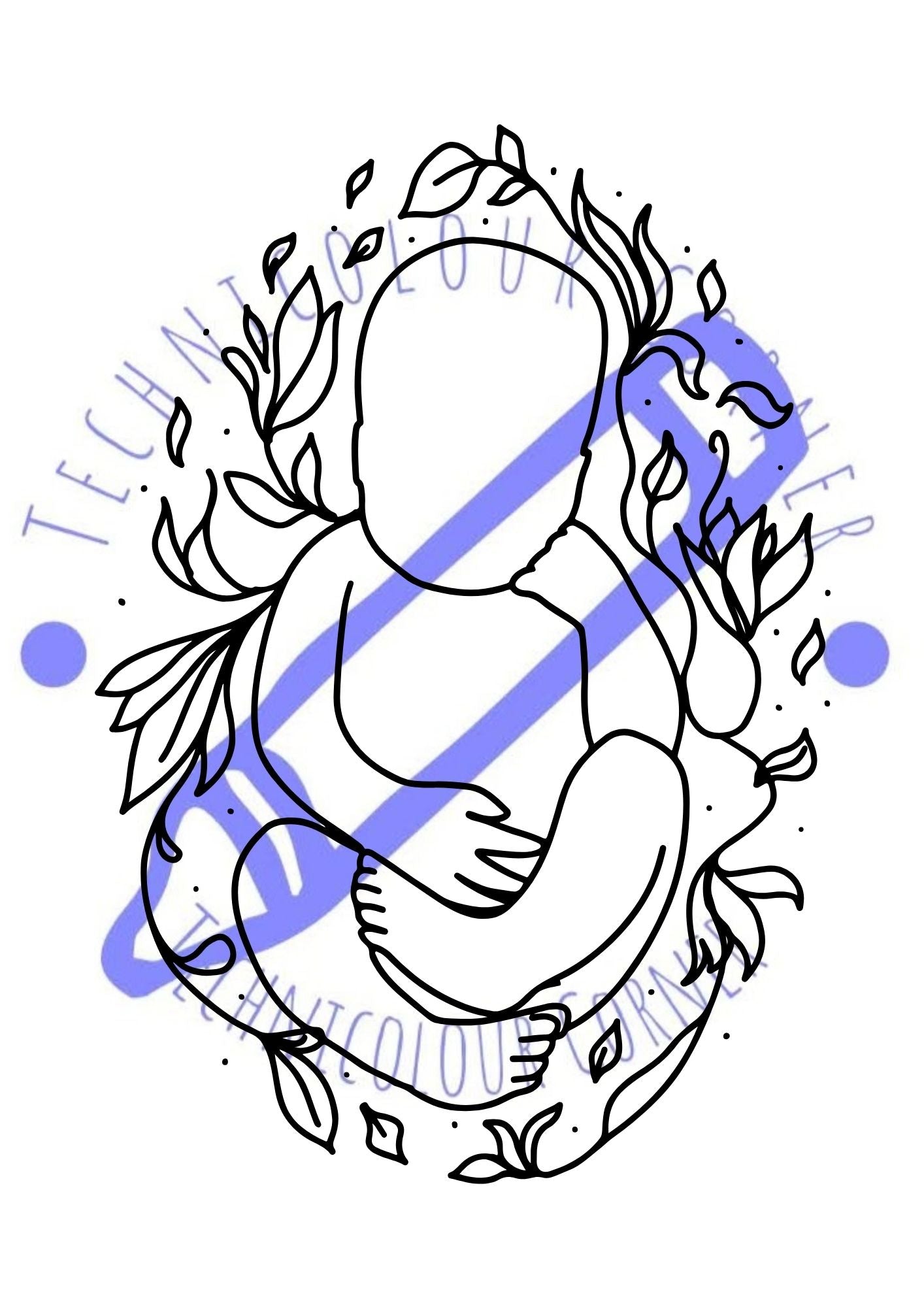 Colouring page of a baby wrapped up in flowers