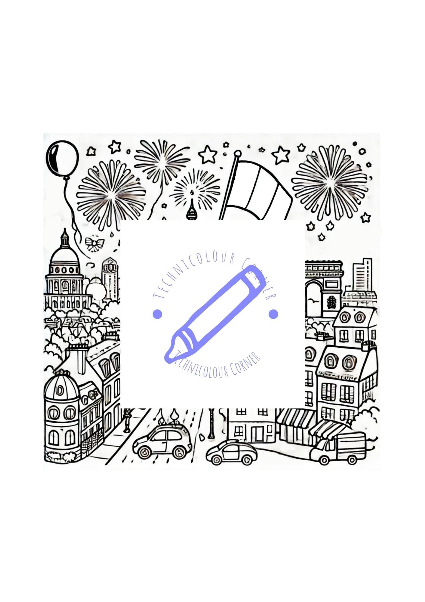 Bastille Celebration Colouring Page with fireworks and flags