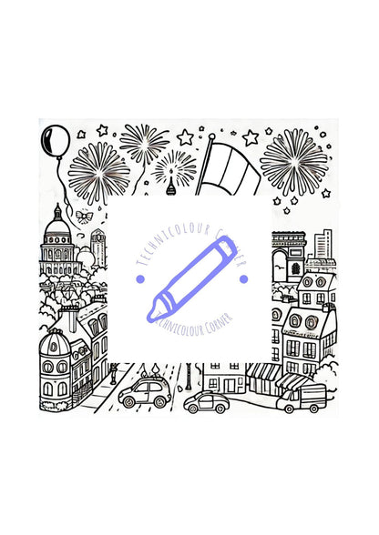 Bastille Celebration Colouring Page with fireworks and flags