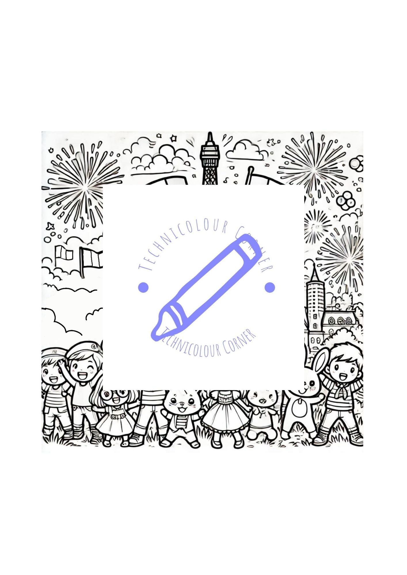 A coloring page with a Bastille Day theme, featuring outlines of people, architecture, and fireworks to be colored in.