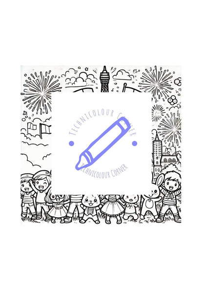 A coloring page with a Bastille Day theme, featuring outlines of people, architecture, and fireworks to be colored in.