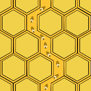 Hexagonal grid pattern with bees on a yellow background
