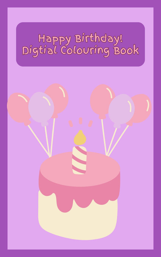 Cover of a digital colouring book with a birthday cake and balloons on a purple background
