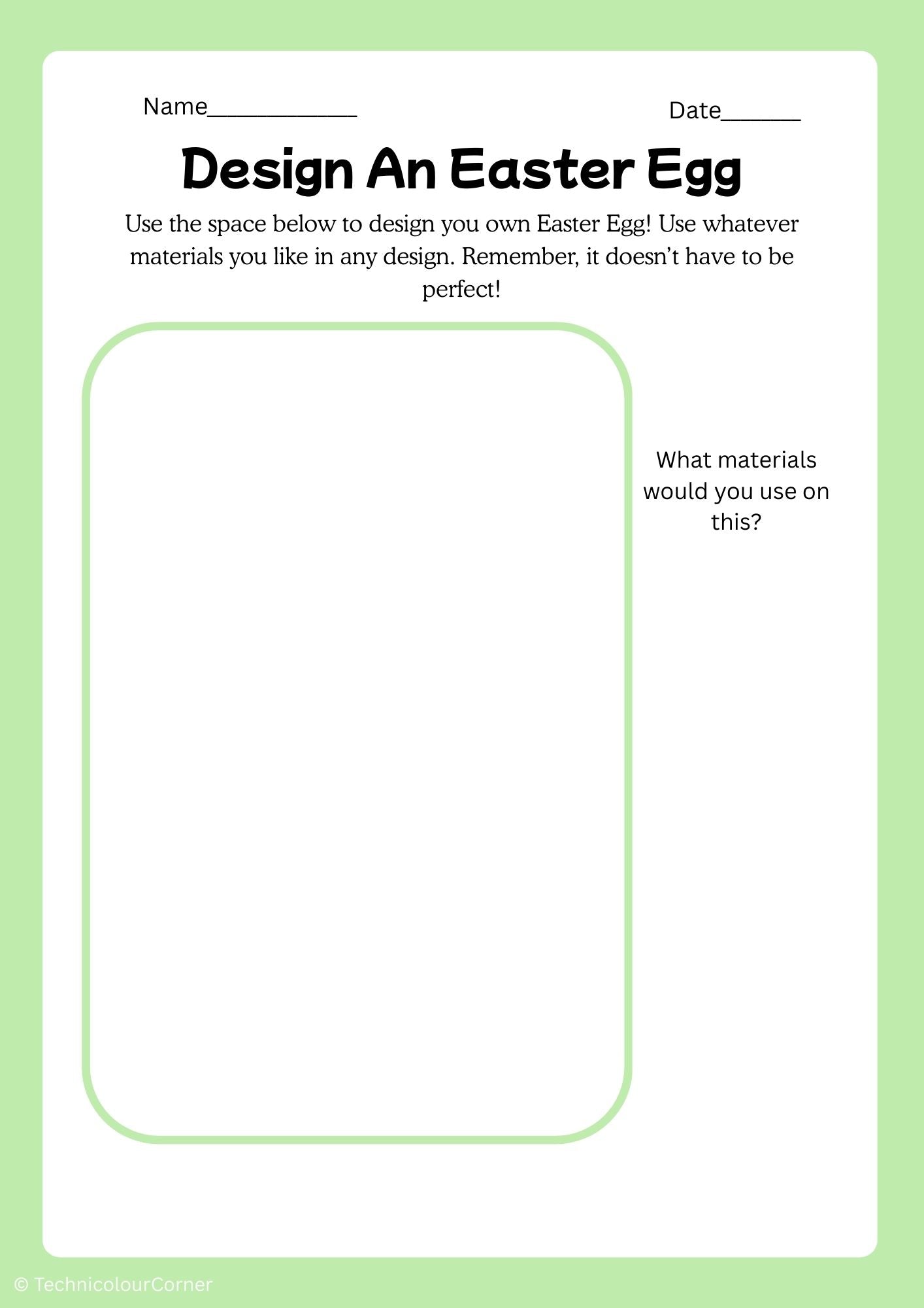 Blank worksheet for designing an Easter egg with text prompts on a green border.