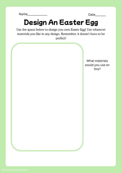 Blank worksheet for designing an Easter egg with text prompts on a green border.
