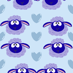 Pattern of cartoon sheep with blue faces and hearts on a light blue background