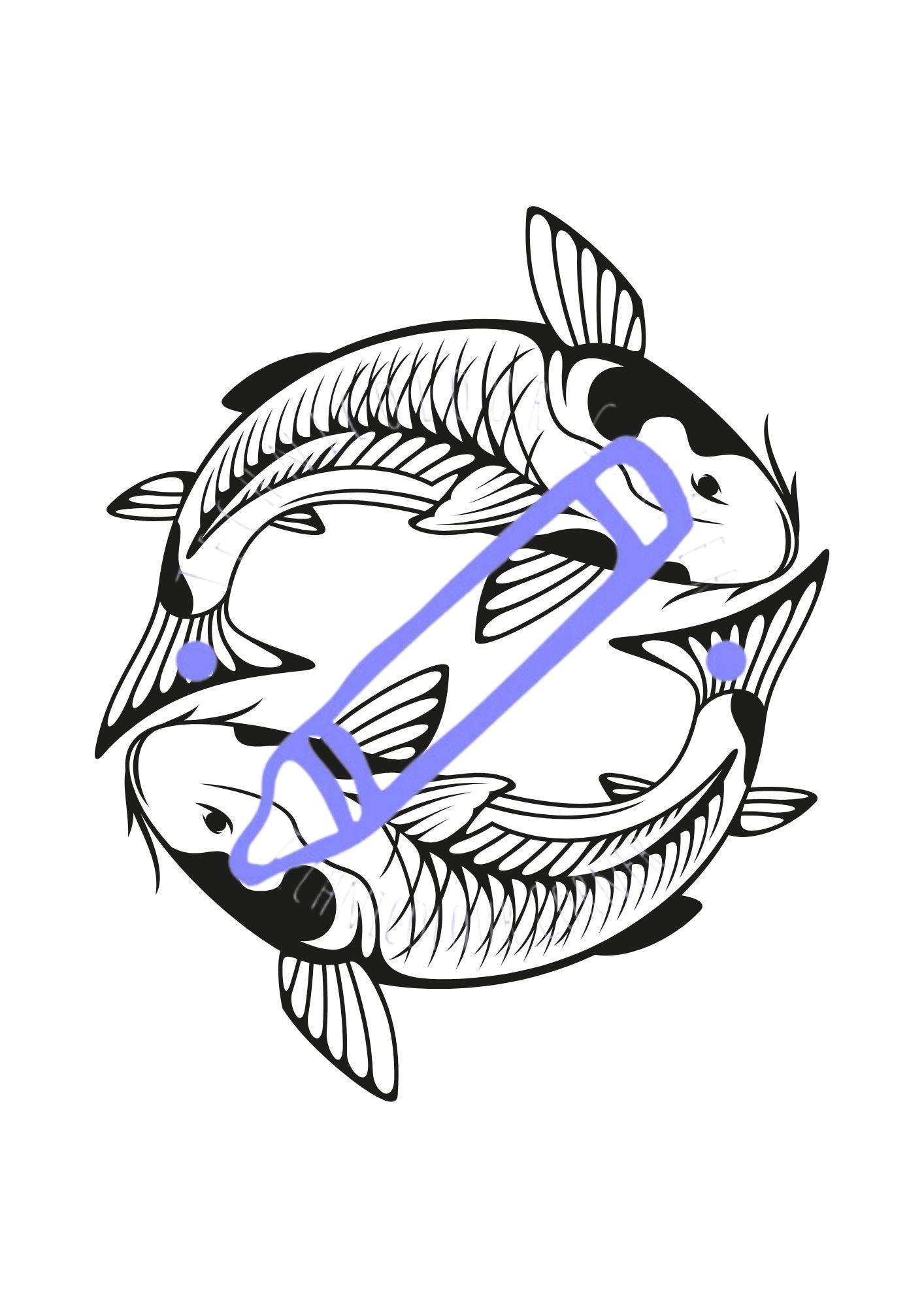 Colouring page from the bodhi day colouring book showing two carp circling each other