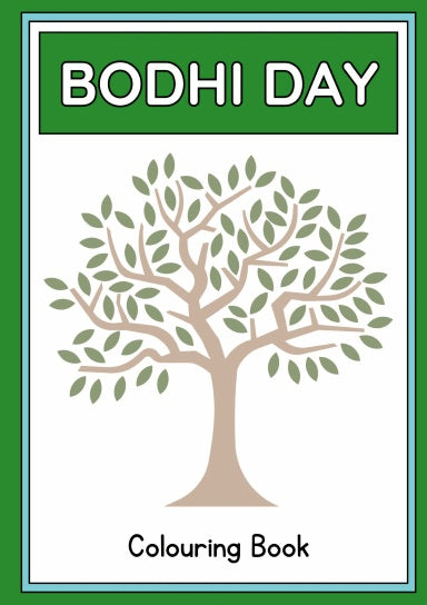 Cover of the 'Bodhi Day Colouring Book' featuring an illustration of a Bodhi tree with green leaves and the text 'BODHI DAY' at the top.