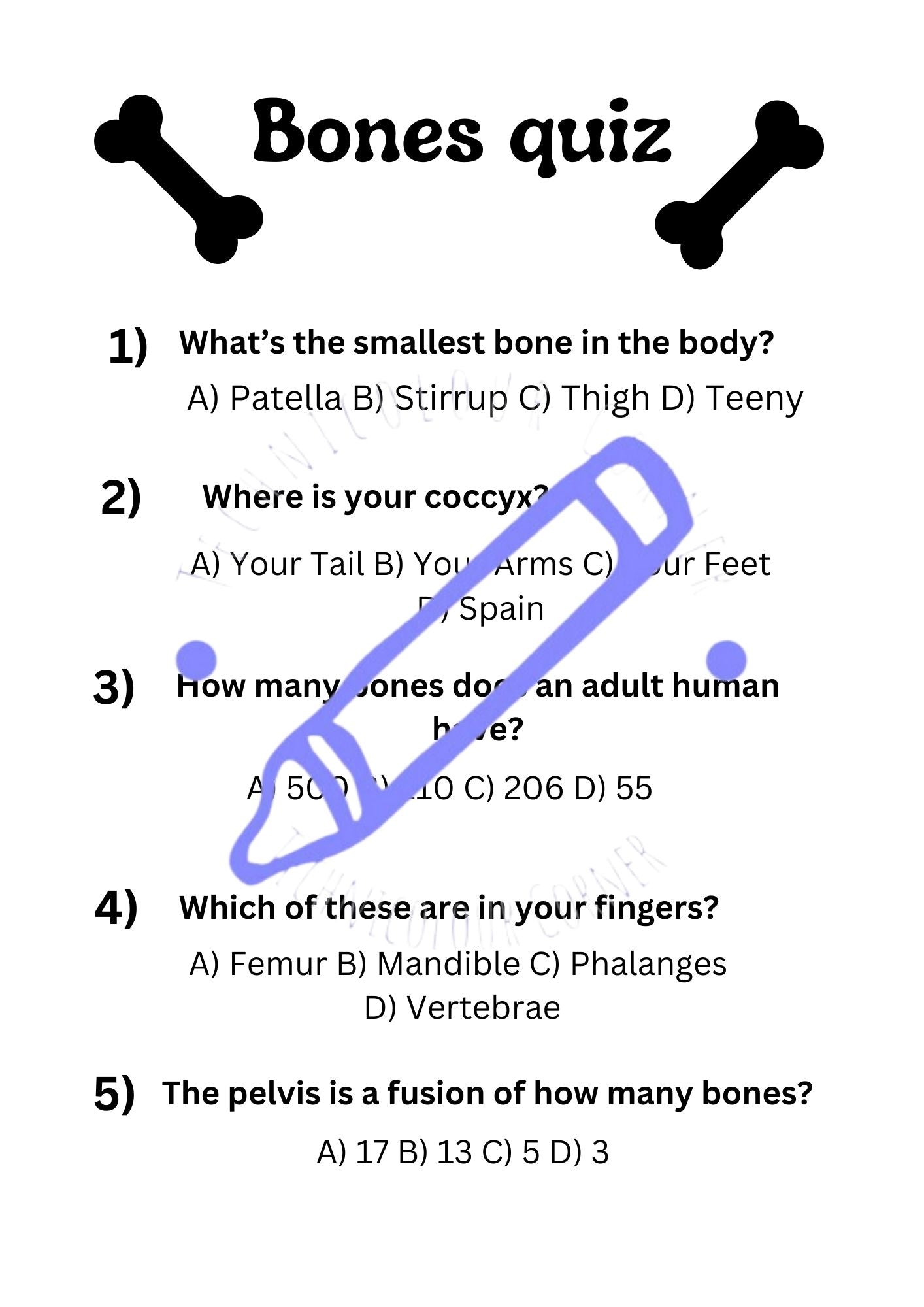 Quiz on bones from the hospital activity book