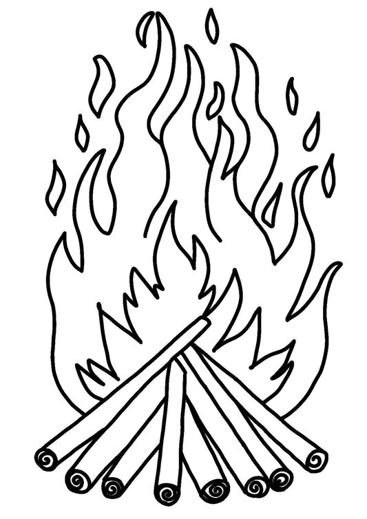 A coloring page depicting a black and white illustration of a bonfire with flames and wooden logs for beltane or fireworks night