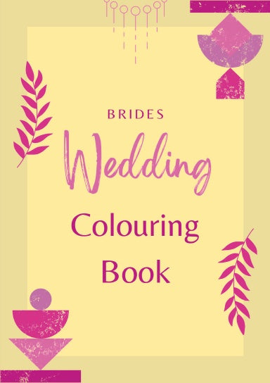 Cover of the 'Brides Wedding Colouring Book' with decorative elements such as leaves and a cup, predominantly in pink tones.