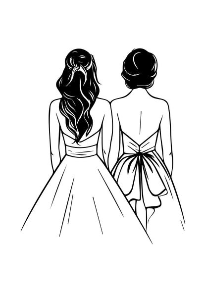 Two women in formal dresses from behind on a white background colouring book for wedding