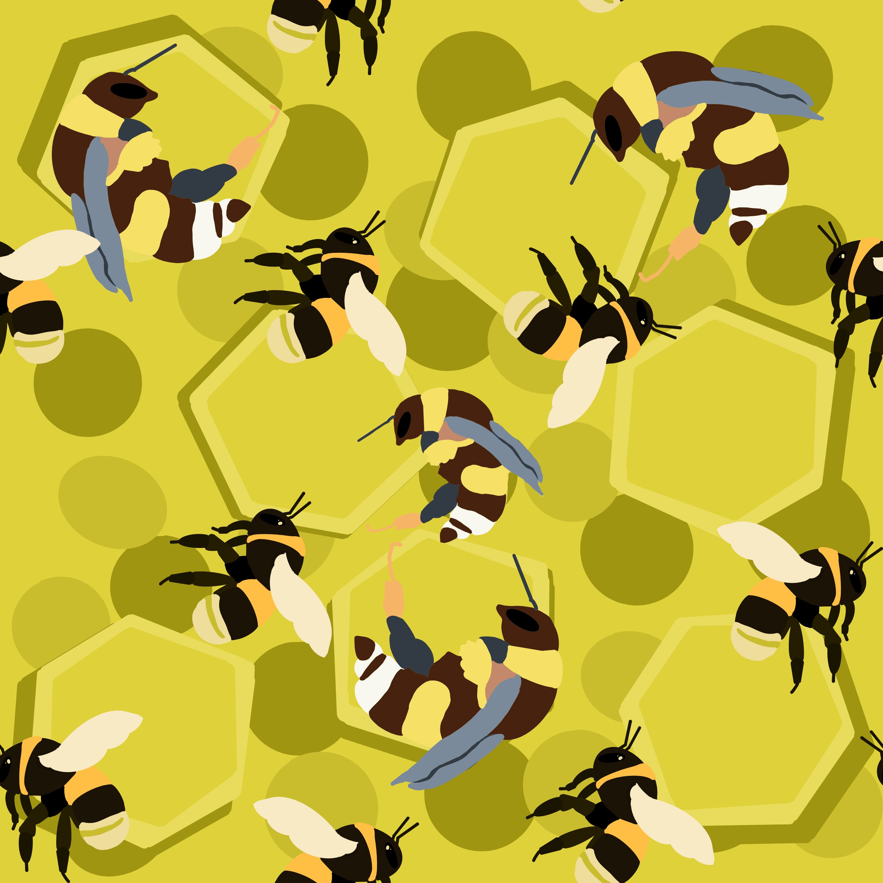 Pattern of bees and honeycomb on a yellow background