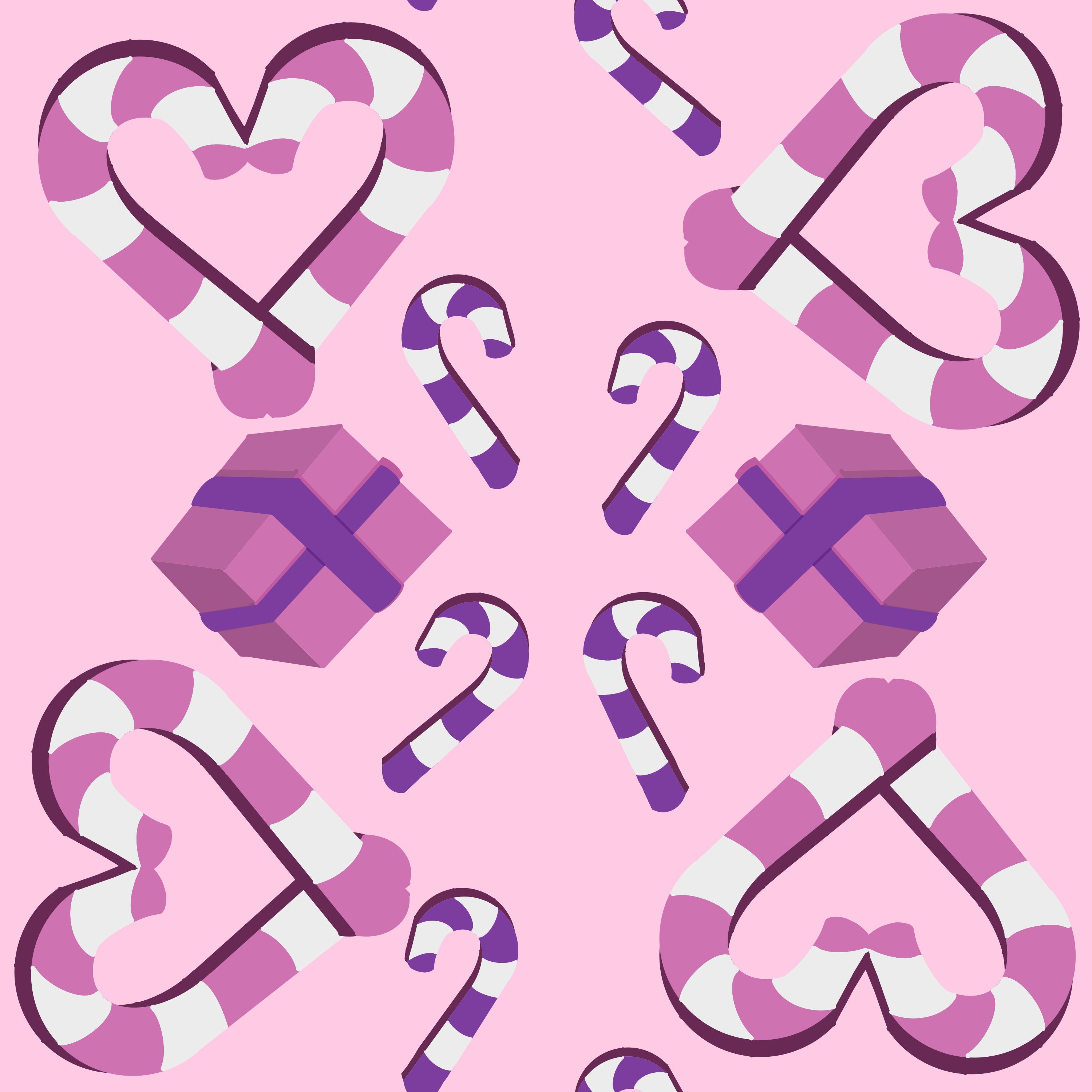 Pattern of candy canes, hearts, and gift boxes on a pink background
