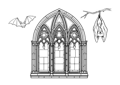 colouring page of Bats roosting outside of a stain glass window for halloween 