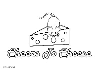 Black and white cartoon line art featuring a mouse peeking from a wedge of cheese with the text 'Cheers Jo Cheese' below, on a white background.