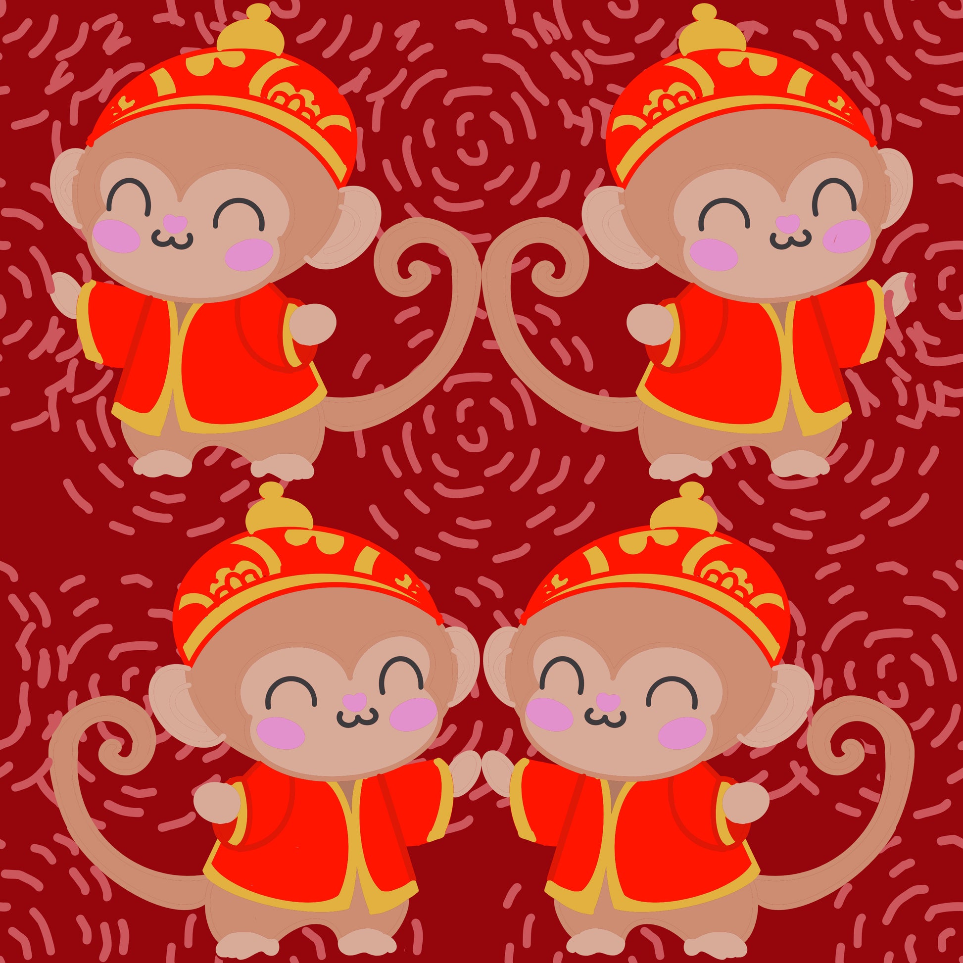 Seamless file of the lunar new year of the monkey showing hand drawn cartoon monkeys in red and gold asian outfits on a Red background