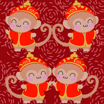 Seamless file of the lunar new year of the monkey showing hand drawn cartoon monkeys in red and gold asian outfits on a Red background