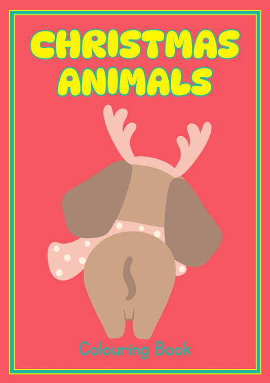 A cover image of a colouring book titled 'Christmas Animals Colouring Book' featuring a whimsical illustration of a reindeer with antlers in a red background.