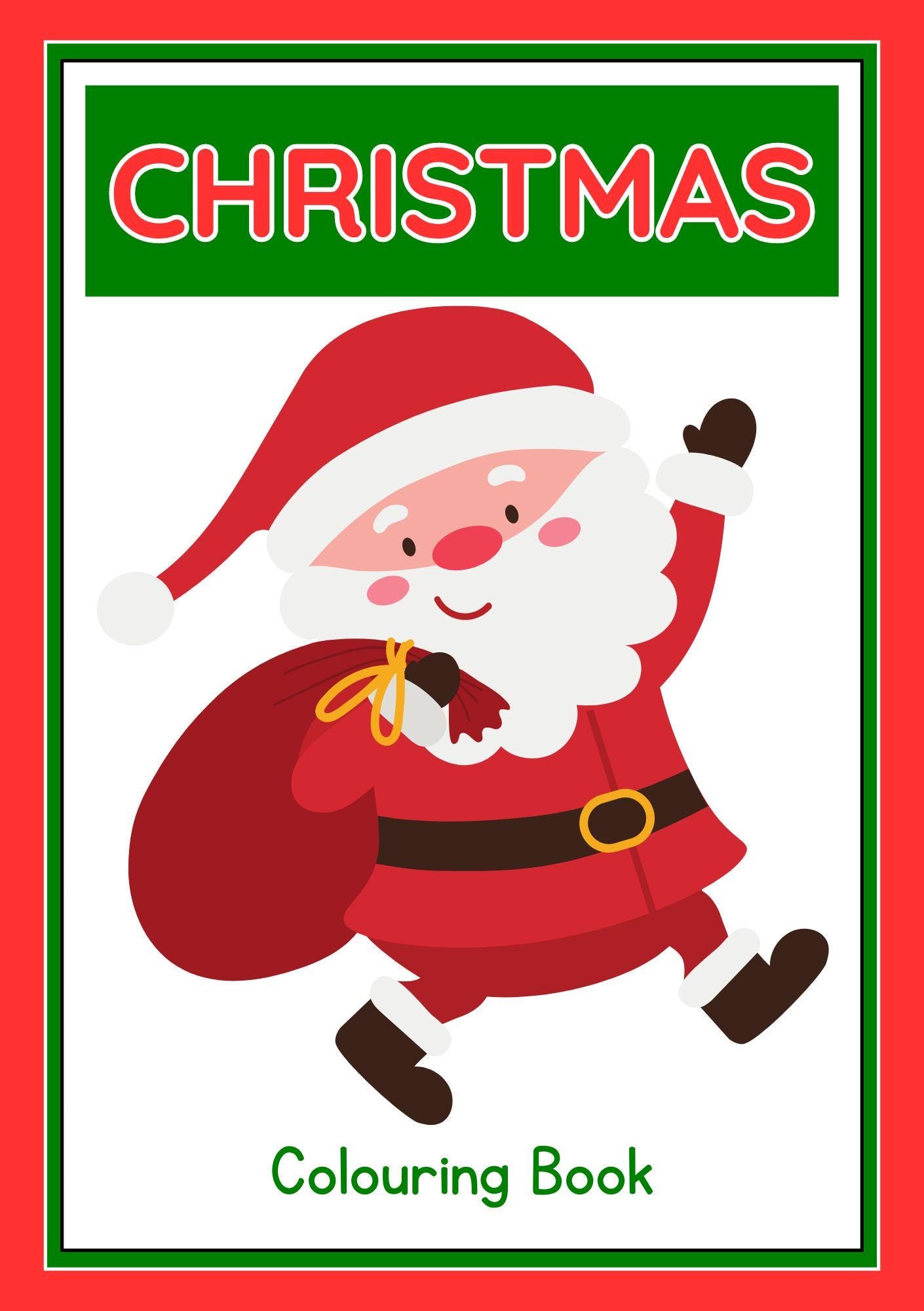 Cover of a digital Christmas colouring book featuring a smiling Santa Claus waving and holding a bag of gifts, with the title 'Christmas Colouring Book'.