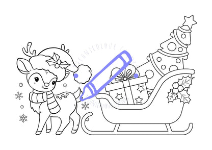 Christmas festive colouring page of a cute reindeer pulling a sleigh of gifts and a christmas tree