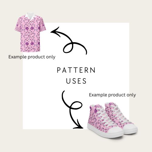 Pink candy cane heart pattern on a shirt and shoes with text 'Pattern Uses' and arrows pointing to each product showing you how to use the seamless file