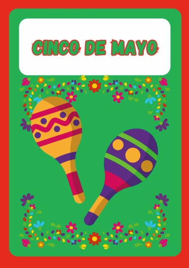 Cover of the Cinco De Mayo Colouring Book featuring maracas and flowers with the text 'CINCO DE MAYO' on top.