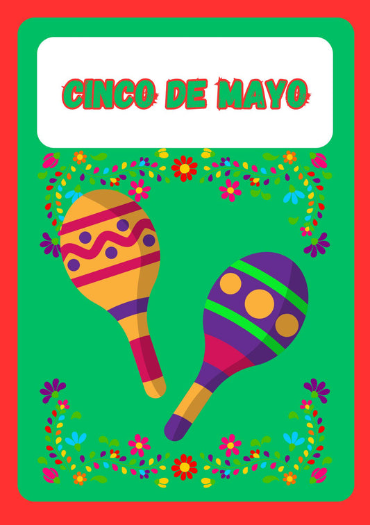 Cover of a Cinco De Mayo themed coloring book with illustrations of maracas and colourful flowers from technicolour corner