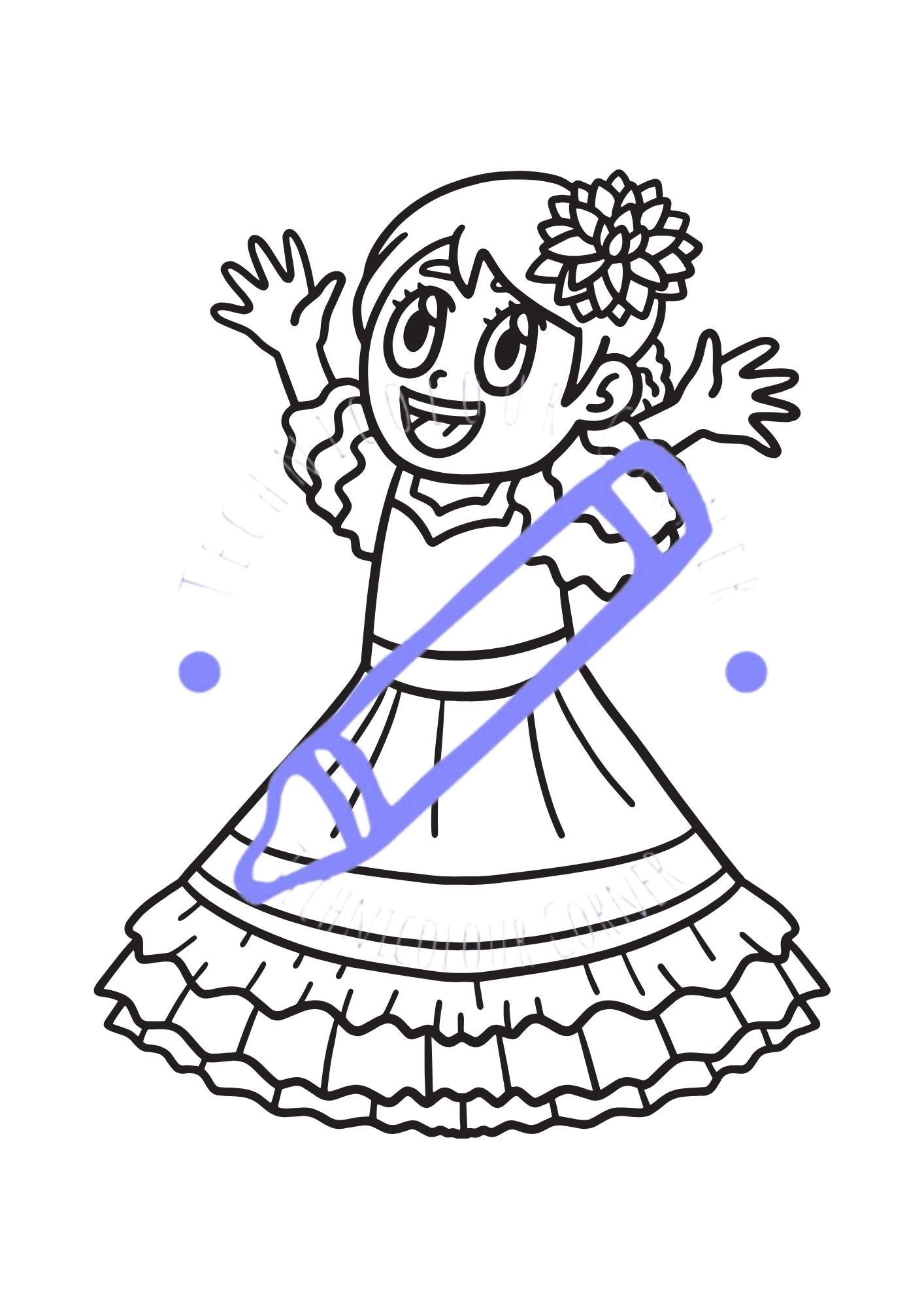 Little mexican girl celebrating cinco de mayo and de les muertos in colouring pages