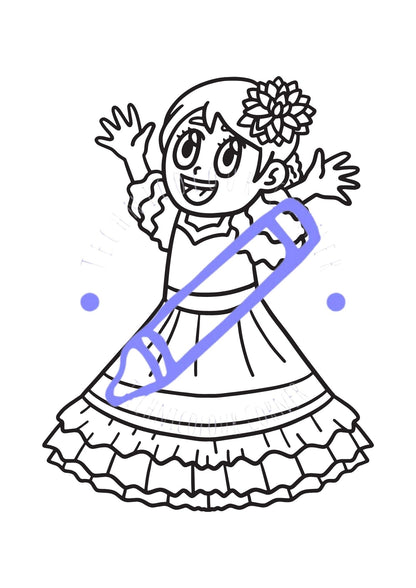 Little mexican girl celebrating cinco de mayo and de les muertos in colouring pages