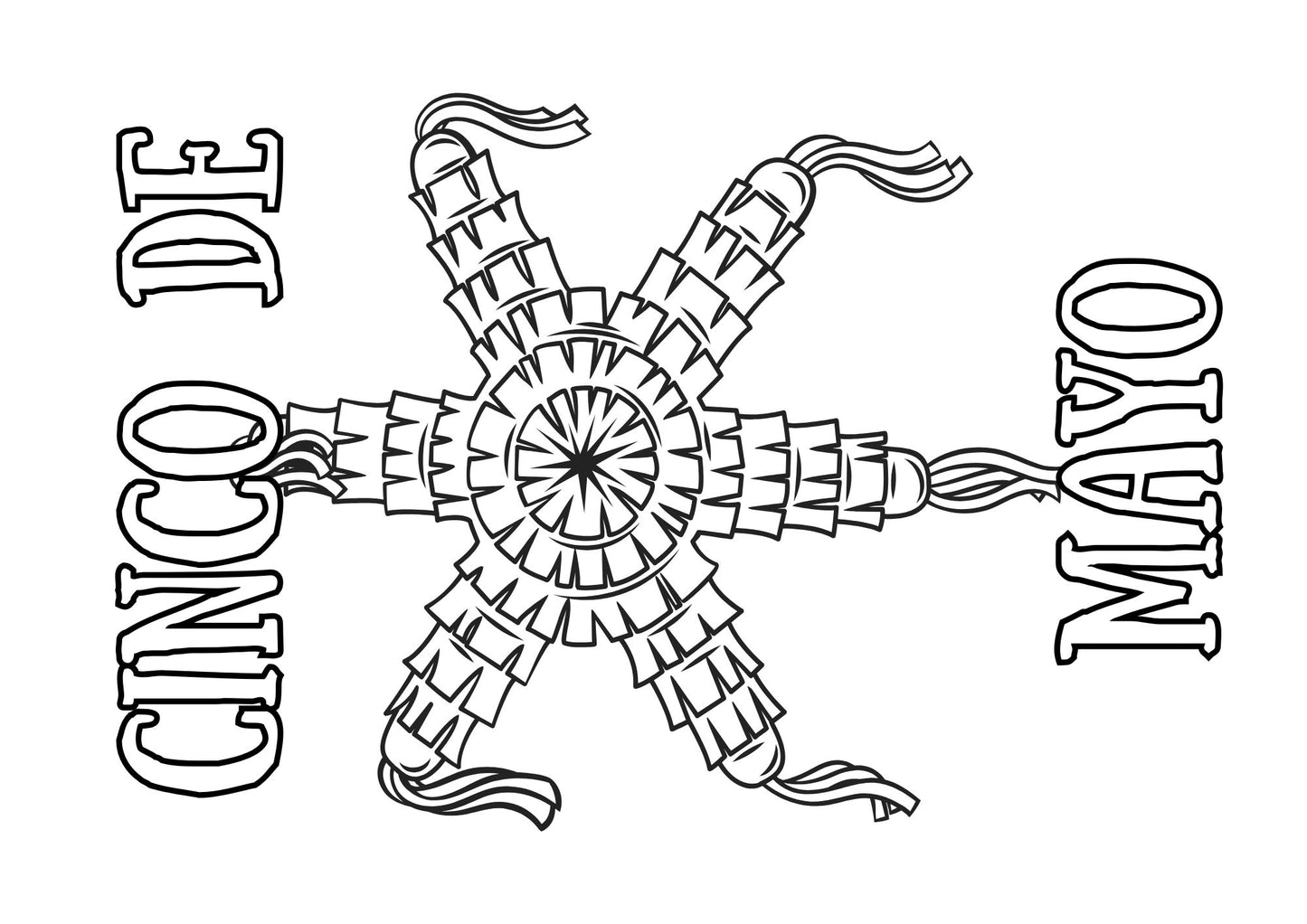 Black and white illustration of a pinata with 'Cinco de Mayo' text colouring page