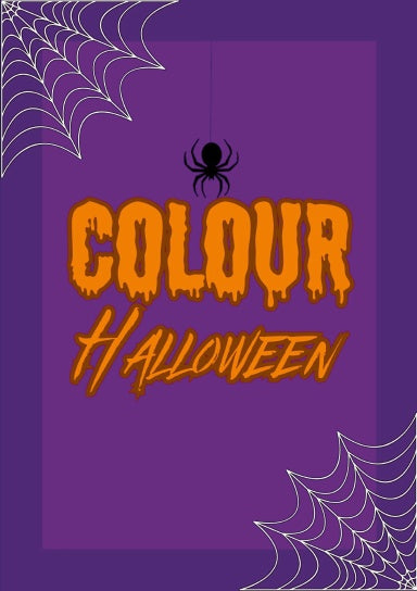 Cover of a Halloween-themed coloring book for teens, with the title 'COLOUR Halloween' displayed in a spooky font, accompanied by spider webs and a spider illustration.