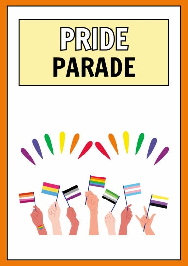 Cover of the 'Pride March Colouring Book' featuring hands holding rainbow flags and other pride flags, with the text 'PRIDE PARADE' at the top.