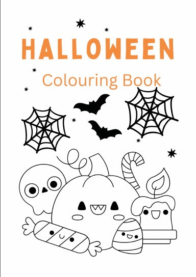 Cover of a Halloween-themed coloring book for kids, featuring outlines of a pumpkin, ghosts, bats, and spider webs.