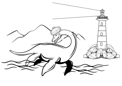 Loch ness colouring page with nessie, lighthouse and mountains for st andrews day 