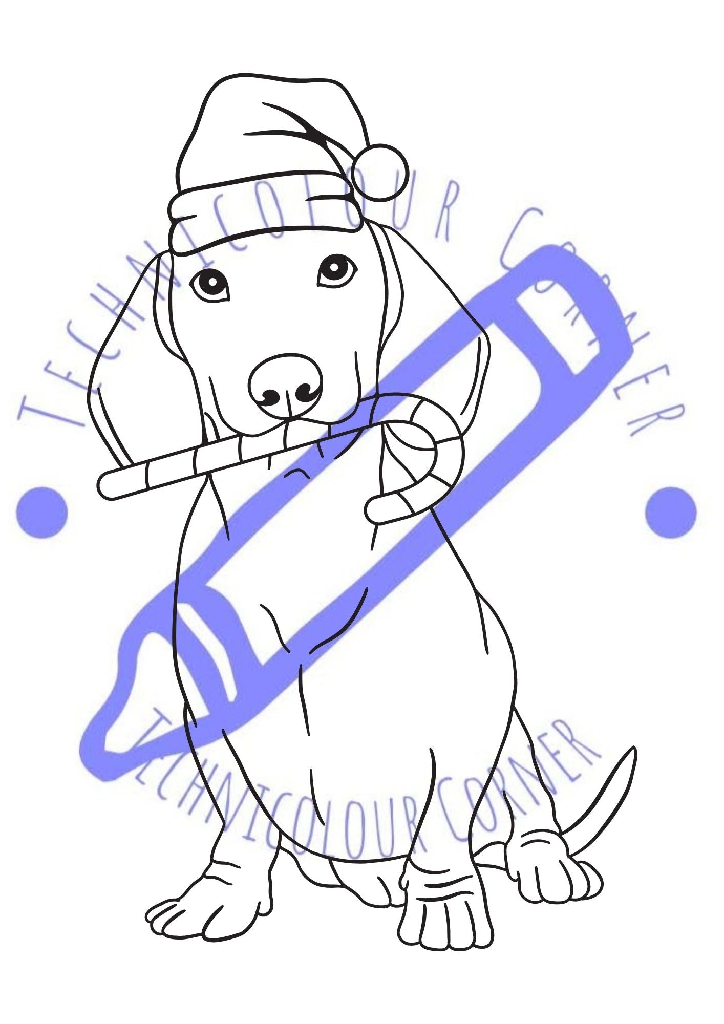 Colouring Page from christmas animals colouring book from technicolour corner showing a puppy in a santa hat with a candy cane