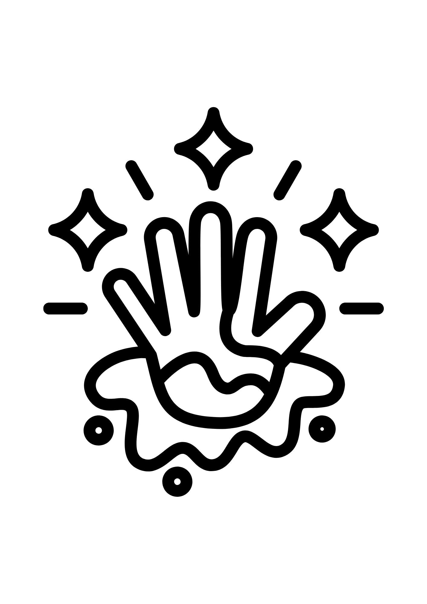 Holi colouring page of a hand covered in stains from celebrating holi