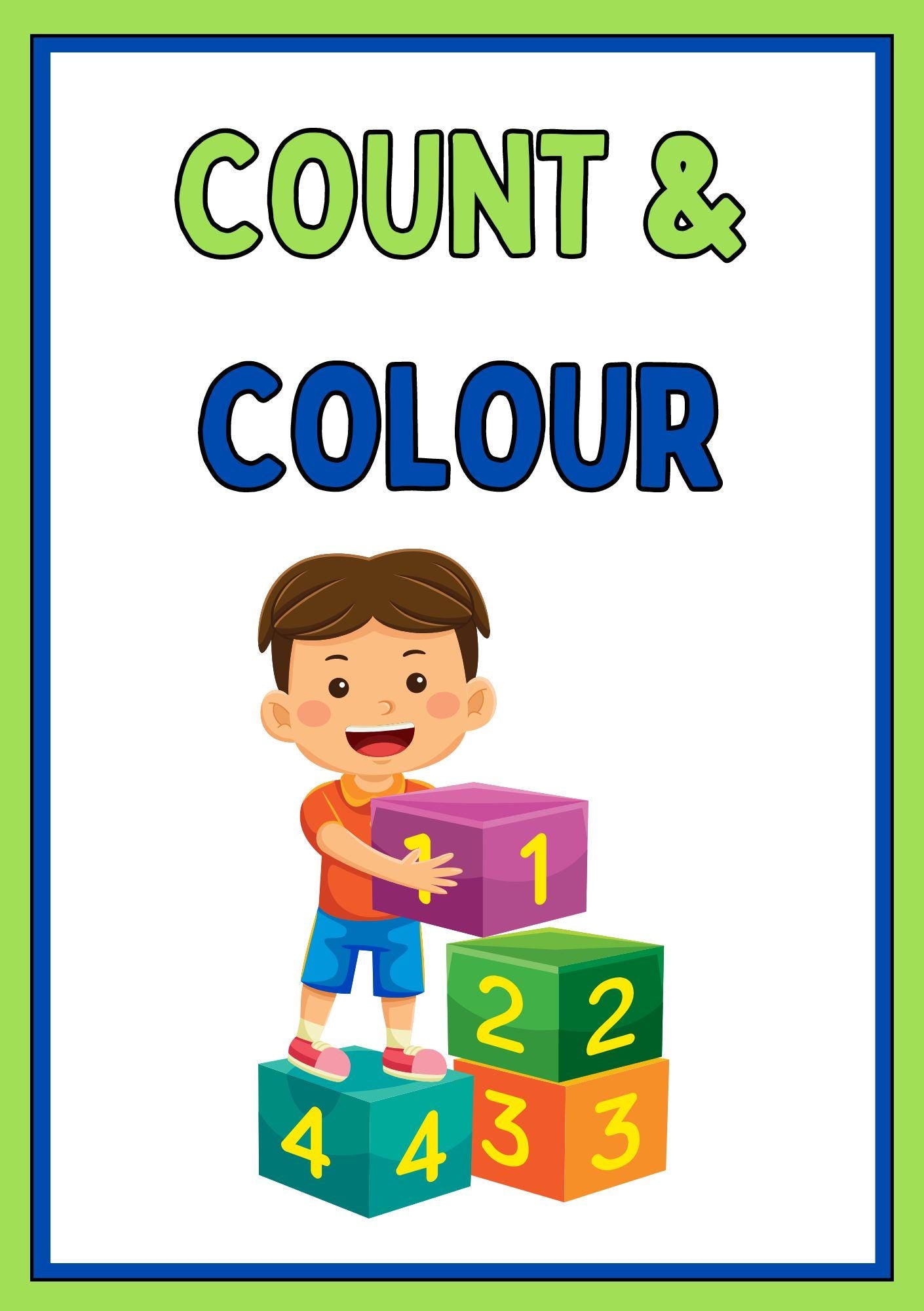 Cover of the 'Count & Colour' educational digital activity book featuring a cartoon image of a child with blocks numbered 1 to 4.