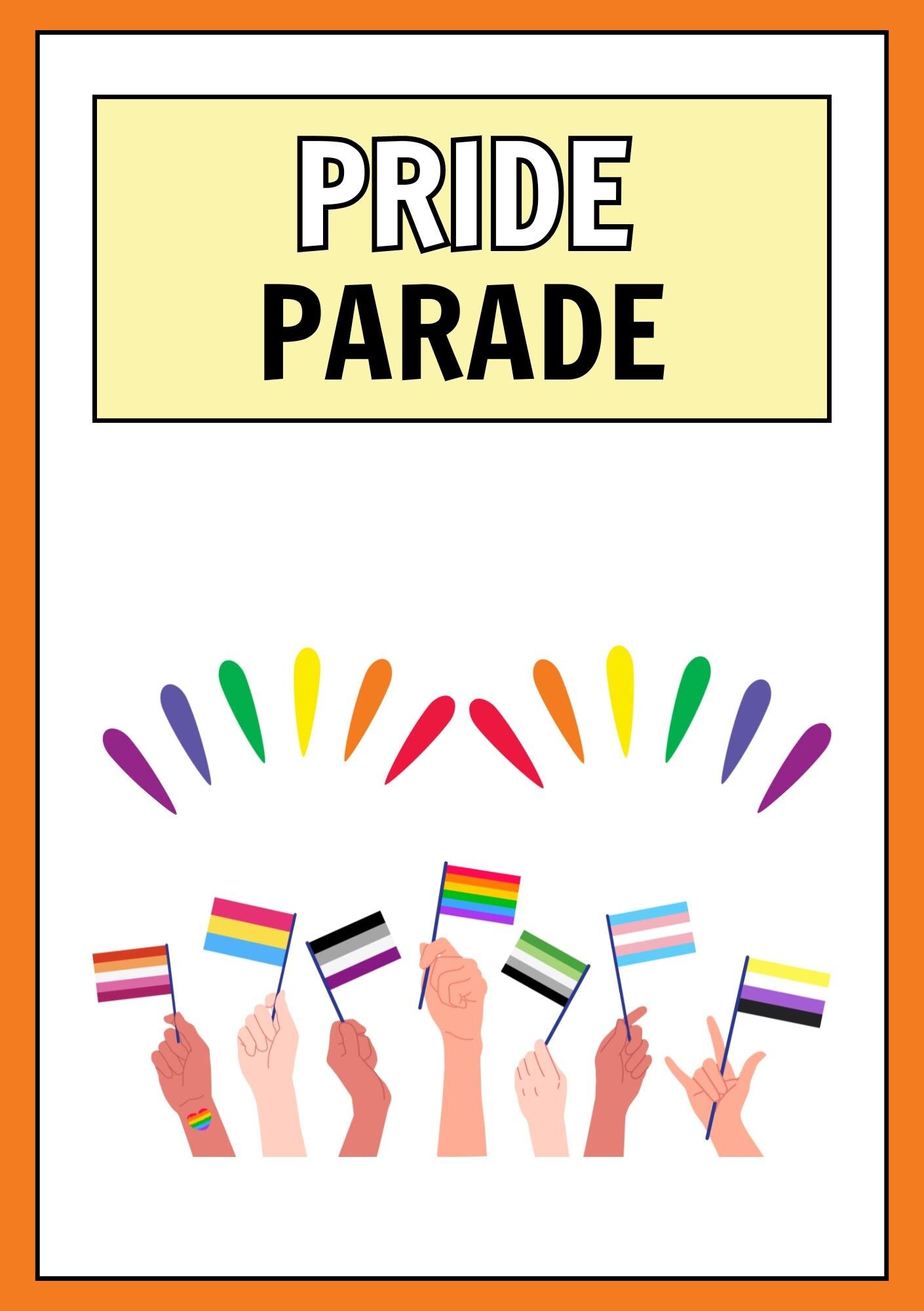 Cover of the 'Pride Digital Colouring Book' featuring colorful illustrations of people holding pride flags and the title 'Pride Parade' at the top.